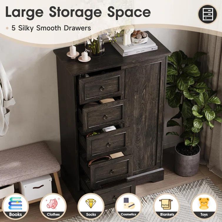 Gracie Oaks 5 Drawers Dresser With Cabinet, 48" Tall Chest, Wooden Closet Dresser With Sliding Barn Door For Living Room, Hallway