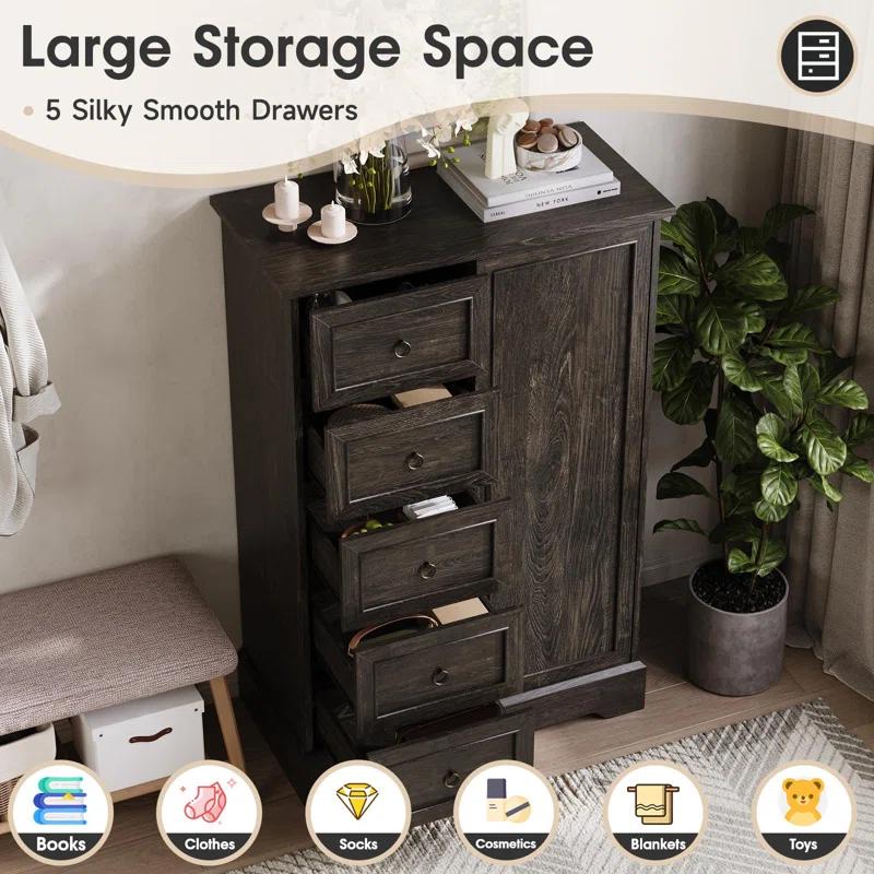 Gracie Oaks 5 Drawers Dresser With Cabinet, 48" Tall Chest, Wooden Closet Dresser With Sliding Barn Door For Living Room, Hallway