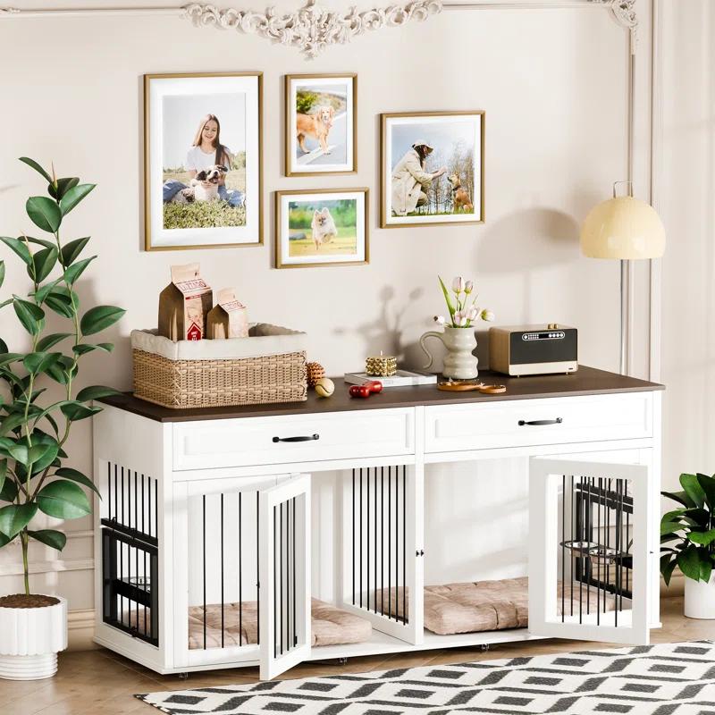 Tucker Murphy Pet™ 71" Large Dog Crate Furniture Style W/2 Drawers  & Reversible Food Bowls, 8 360° Lockable Wheels