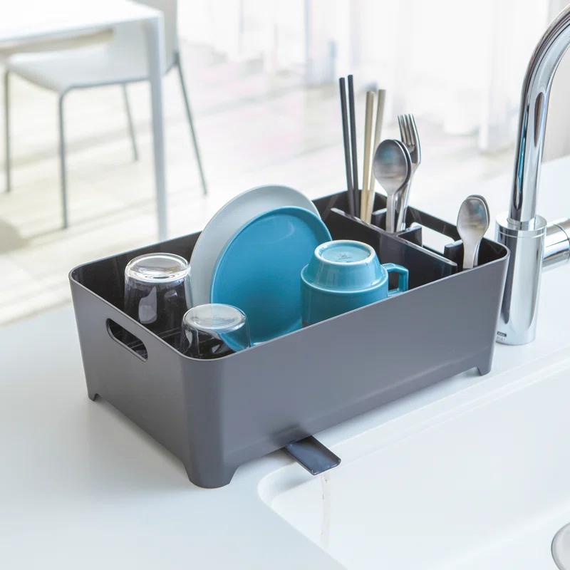 Yamazaki Home Tower Yamazaki Home Dish Drying Rack with Drainage Spout, 1.25 gallon, Utensil Holder, Handles