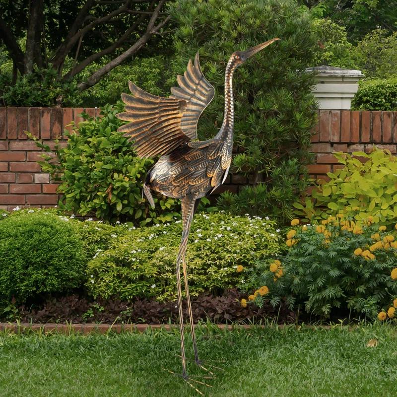 Red Barrel Studio® Flying Crane Garden Statue - 35-Inch-Tall Metal Yard Art Crane Statues for Outdoor Decor - Yard Crane Garden Sculptures & Statues - Lawn Ornaments for Patio, Pond, or Backyard by Pure Garden