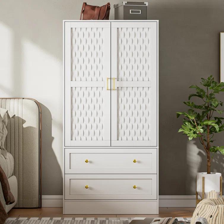 Everly Quinn Freestanding Armoire Wardrobe Closet with 2 Woven Doors