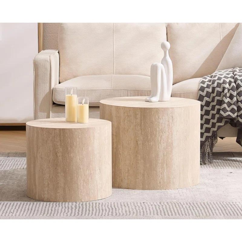 Latitude Run® Set of 2 Modern Round Wood Nesting Coffee Table Circle Travertine End Side Table Sets