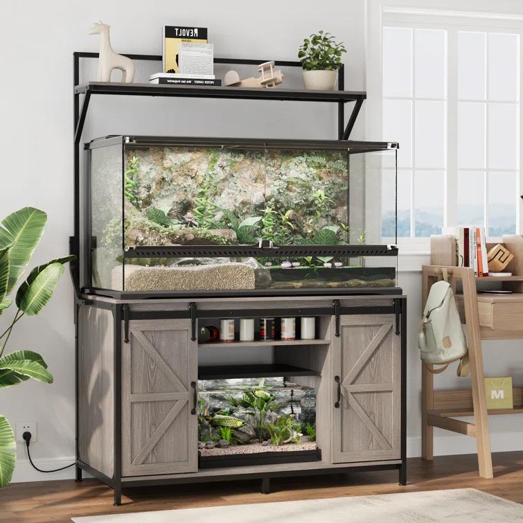Gracie Oaks Siems Heavy Duty Aquarium Stand with Storage Cabinet, Farmhouse Reptile Tank Stand with Power Outlet, 48" X 24" Tabletop Fits up to 120 Gallon Bearded Dragon Tank, Fish Tank Turtle Terrarium Stand