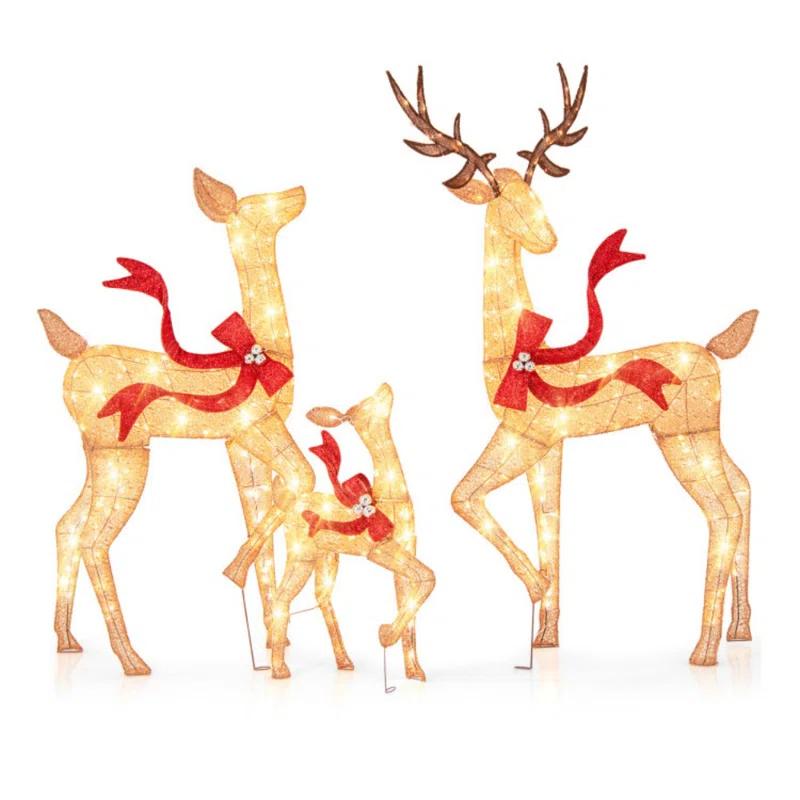 World Menagerie 3 Pcs Large Lighted Christmas Reindeer Family With 440 Led Lights & Bows Buck