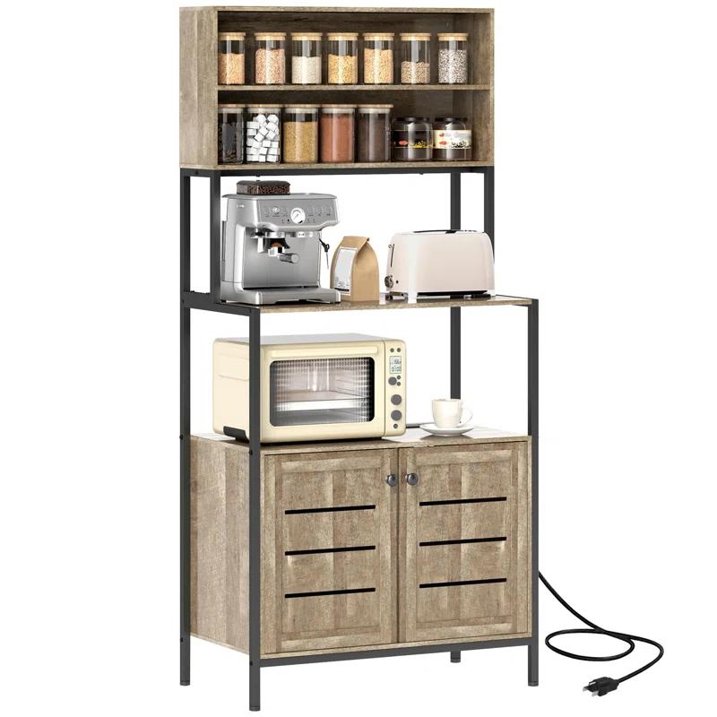 17 Stories Kitchen Bakers Rack With Power Outlet, Coffee Bar Cabinet With Storage Shelves, Microwave Stand With Louvred Door Cabinets