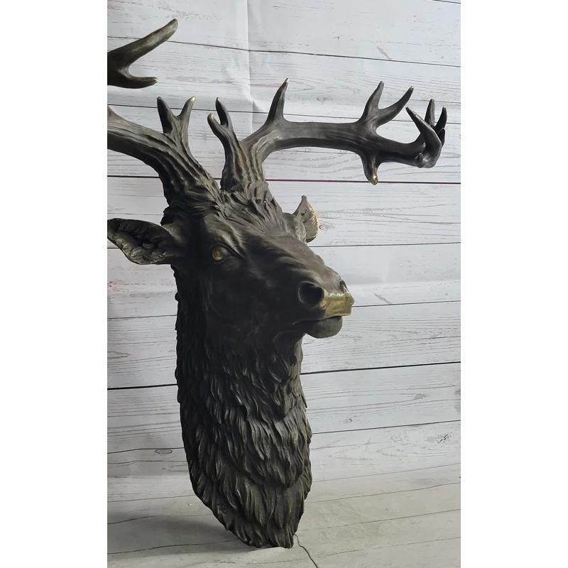 Loon Peak® Kaelib Hanging Wall Art Mounted Elk Deer Bust Head Stag Antlers Buck Bronze Sculpture