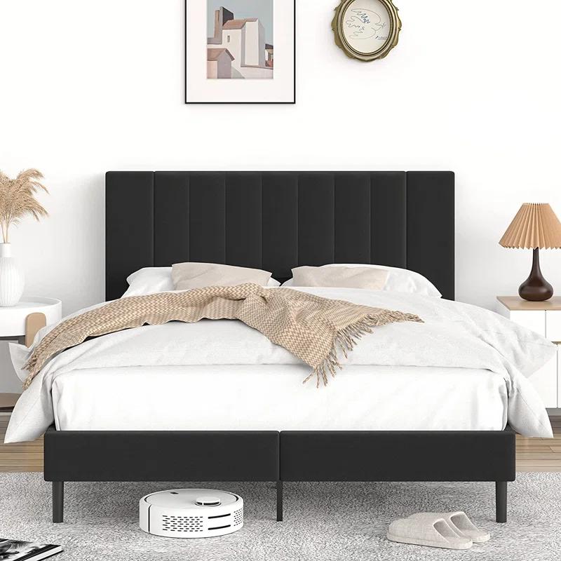 Flolinda Platform Bed Frame with Tufted Upholstered Headboard & Solid Wood Bed Legs