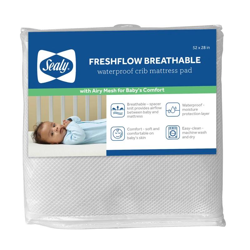 Sealy Baby Sealy Baby FreshFlow Breathable Waterproof Fitted Baby Crib Mattress Protector Pad, Crib Mattress Pad Topper, 52" x 28" - White