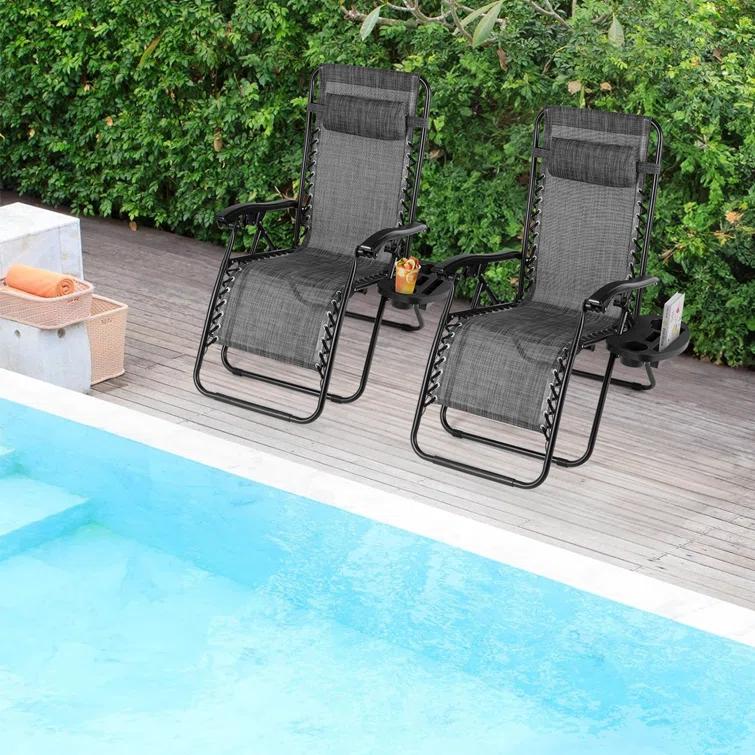 Arlmont & Co. Zero Gravity Chair Set of 2, Outdoor Folding Lounge W/Detachable Headrest & Holder Tray, Adjustable Textilene Lawn Reclining, No Assembly Required, for Patio, Backyard, Garden, Poolside,