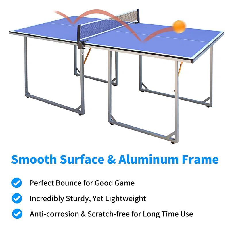 ALPHANEO 6Ft Mid-Size Table Tennis Table Foldable  And  Portable Ping Pong Table Set For Indoor  And  Outdoor Games With Net, 2 Table Tennis Paddles And 3 Balls