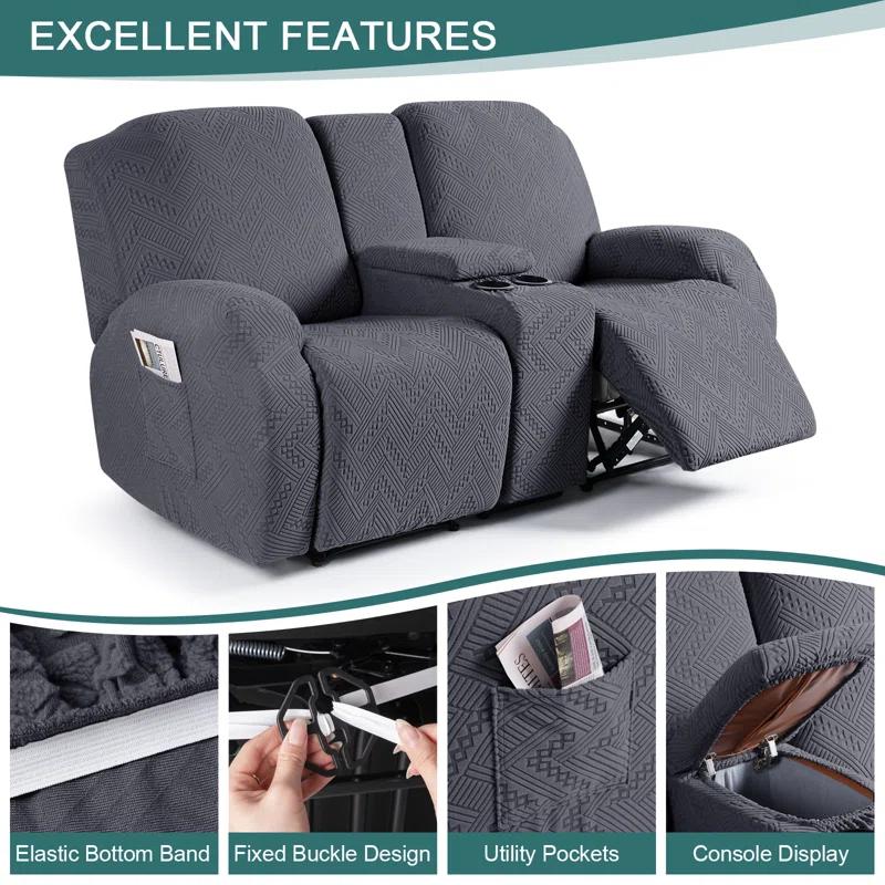 Latitude Run® Box Cushion Recliner Loveseat Slipcovers with Console, Stretch Anti-Slip Reclining Slipcover for 2 Cushion Couch with Pockets