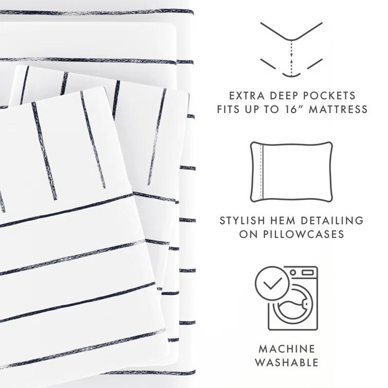 IEnjoy Home Distressed Navy Coastal Stripe Pattern Microfiber Sheet Set