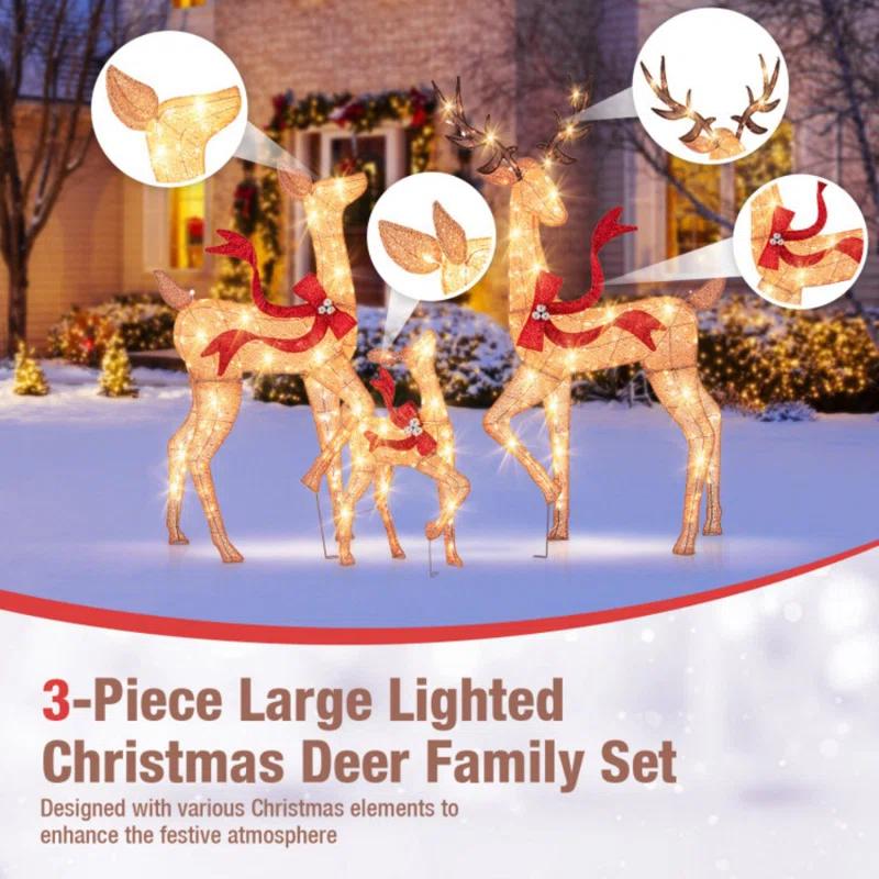 World Menagerie 3 Pcs Large Lighted Christmas Reindeer Family With 440 Led Lights & Bows Buck