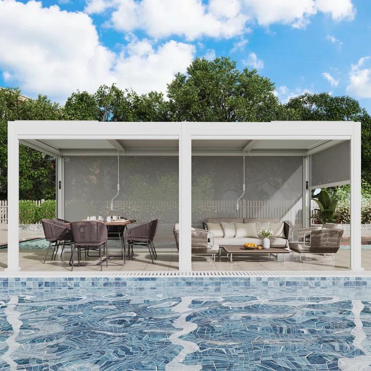 EROMMY 10 Ft. W x 20 Ft. D Aluminum Pergola with Canopy, with LED lights and Motorized Curtains