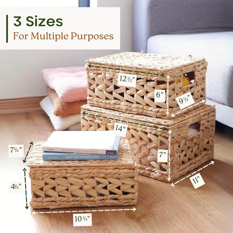 Gracie Oaks Wicker Storage Basket With Lid, Natural Decorative Wicker Basket For Shelf, Woven Baskets With Lids, 14In Lidded Basket, Rattan Storage Basket With Lid, Rattan Box Set Of 3 For Organizing