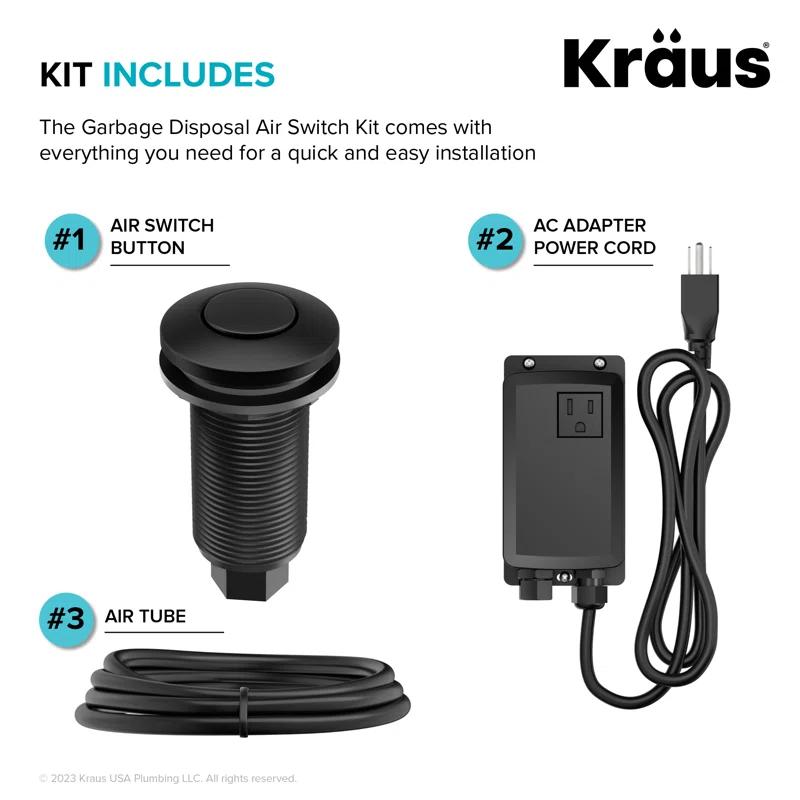 KRAUS Garbage Disposal Air Switch Kit with Push Button, AC Adapter, Power Cord, and Air Tube Included