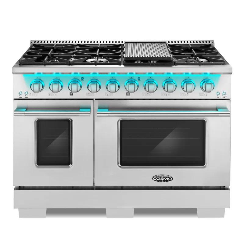Cosmo COS-DFRP488K Cosmo 48 In. Lumin Collection 5.5 Cu. Ft. Double Oven Dual Fuel Range With 8 Burners, Cast Iron Grates In Stainless Steel