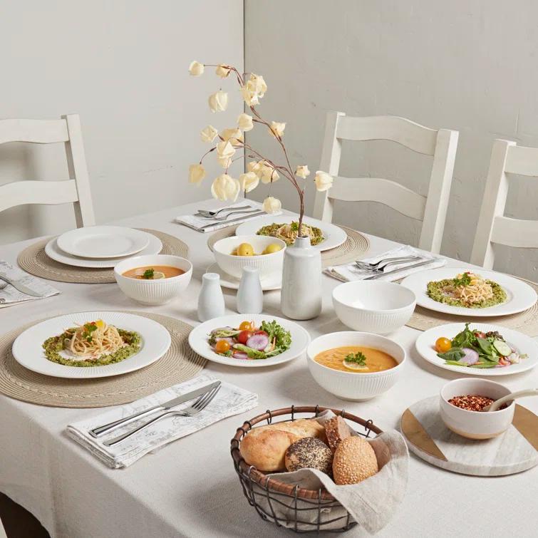 Tabletops Gallery Ivory Dinnerware 12 Piece Set Embossed Bone White Porcelain (Dinner Plate, Salad Plate, Cereal Bowl)