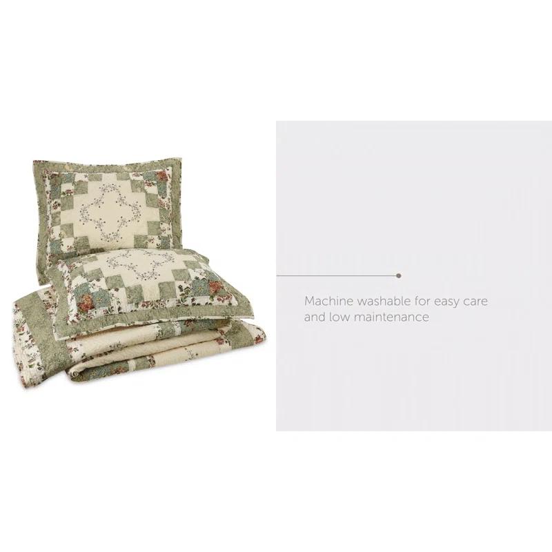 Olivia Floral Embroidered Patchwork 3-Piece Quilt Set