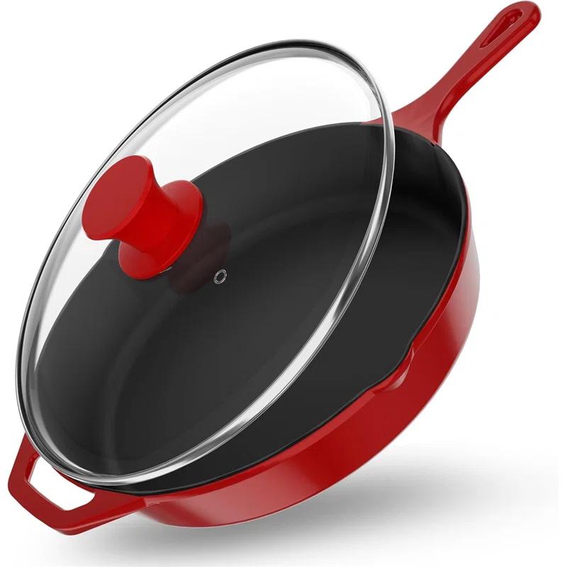 doitbest Pre-Seasoned Cast Iron Skillet with Lid, Grill-Safe Cookware, Red