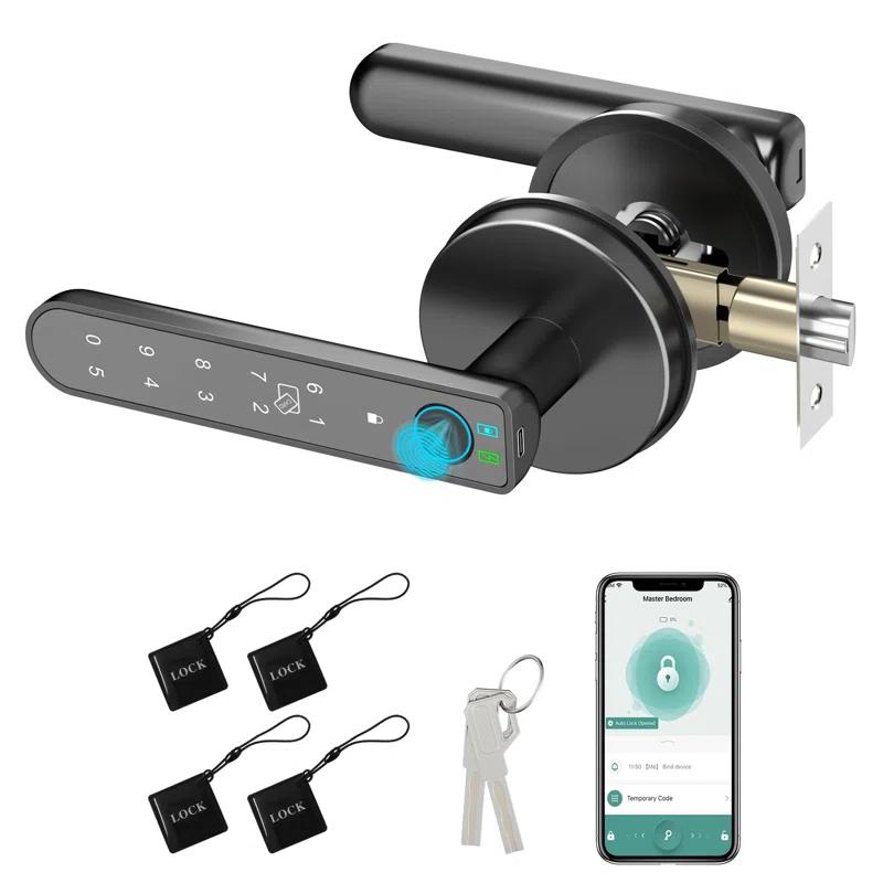 Smart Fingerprint Door Lock: Fingerprint Door Handle-Biometric 5 In 1 Fingerprint Door Lock-Bedroom Smart Door Handle-APP Control-Easy To Install-Round Black-1 Pack