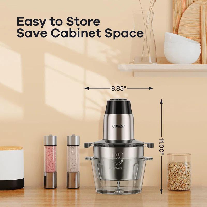 KIBNOF Food Processors, Electric Food Chopper with Meat Grinder & Vegetable Chopper - 2 Bowls (8 Cup+8 Cup) with Powerful 450W Copper Motor - Includes 2 Sets of Bi-Level Blades for Fruits/Meat/Nuts
