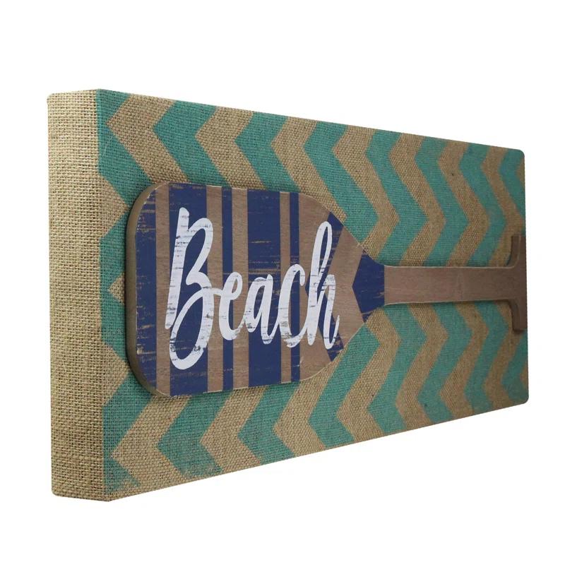 Northlight Seasonal Aqua Blue Chevron Burlap with “Beach" Wood Look Oar Linen Wall Art 24"