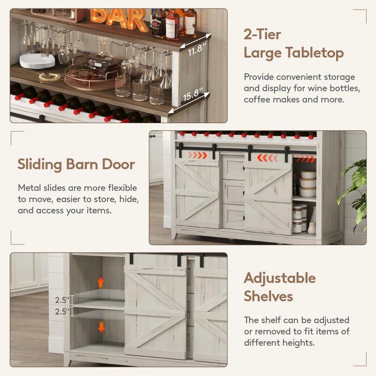 Gracie Oaks Farmhouse Wine Bar Cabinet With Sliding Bar Door And Led Lights, Sideboard With 2 Layers Tabletops, Wine And Glass Racks, 2 Storage Cabinets With Adjustable Shelf, 3 Drawers, Rustic White