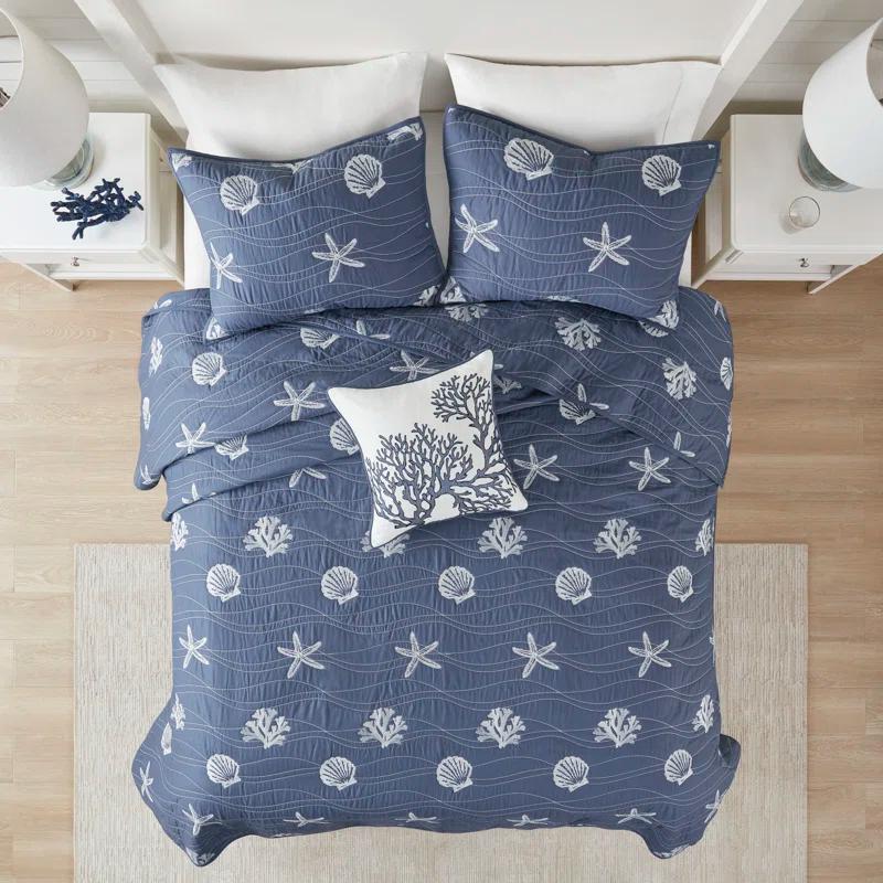 Seaside 4 Piece Cotton Reversible Embroidered Quilt Set
