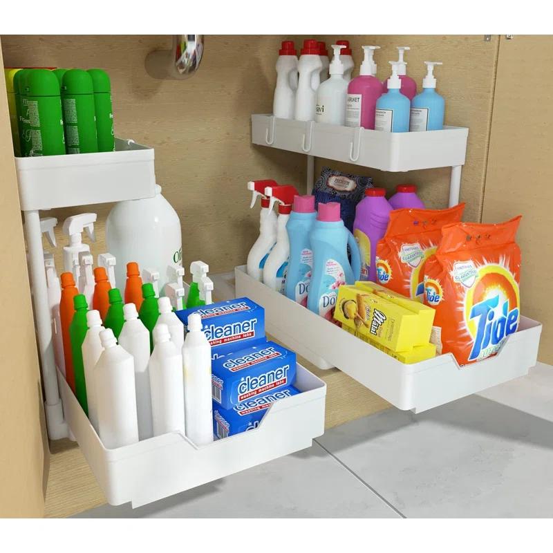 Adeco Trading 2-Tier Under Sink Organizers, 2 Pack Sliding L-Shape Cabinet Organizers Narrow Space Storage Multi-Purpose Sink Organizer For Bathroom Kitchen Drawer