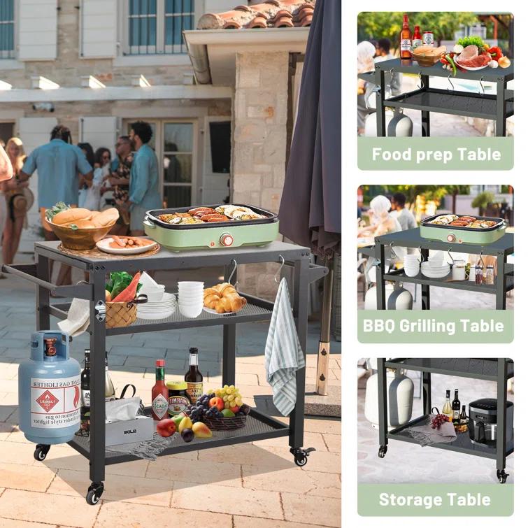 GZMWON 3-Shelf Outdoor Grill Table, Grill Cart Outdoor With Wheels, Pizza Oven Table And Food Prep Table, Blackstone Table Grill Stand  Blackstone Griddle  Outside BBQ