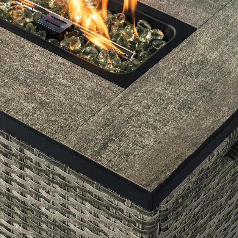 Rattan Fire Pit Table with Tank Holder and Ceramic Tile Tabletop