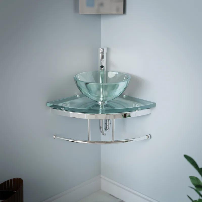 The Renovators Supply Inc. 10889 Round Corner Glass Wall Mount Bathroom Vessel Sink with Chrome Faucet Towel Bar