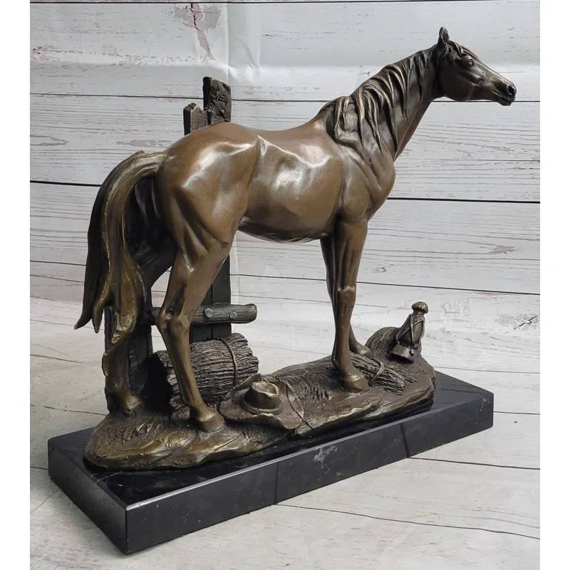 Canora Grey Eyvette Horse At The Stable Bronze Sculpture Statue Equestrian Country Farm Decor Signed Art