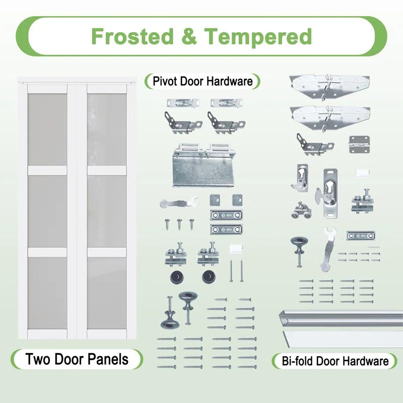 HOZONE Forested Glass Solid Core Manufactured Wood Pivot-French Or Bi-Fold Doors with Hardware Kit