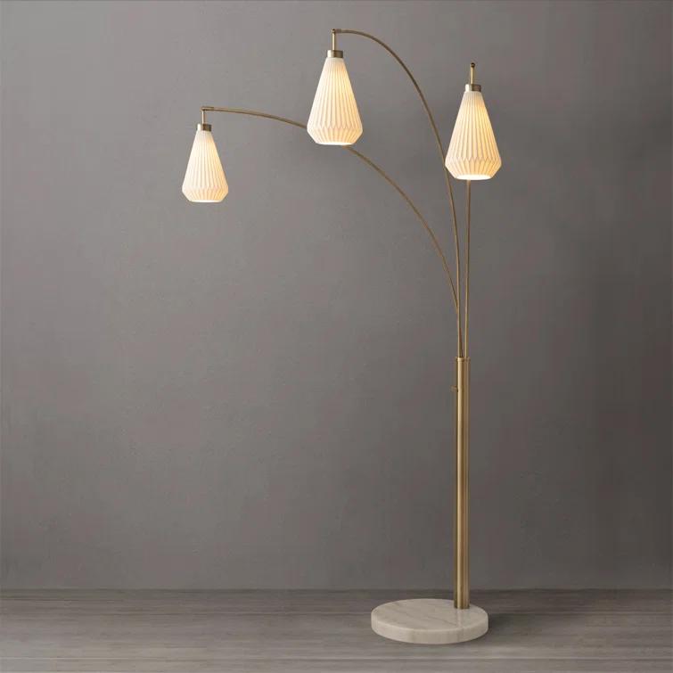 Nova of California Concord Bone Porcelain Shade 3 Light Arc Floor Lamp - 85", Weathered Brass & Walnut, Dimmer Switch
