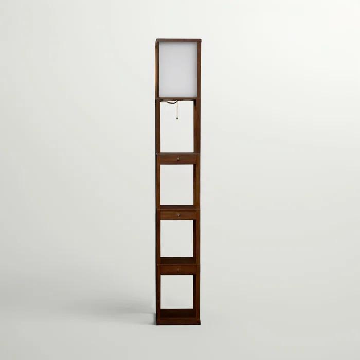 Brightech Maxwell 63" Modern LED Shelf Floor Lamp with Havana Brown Finish, 3 Tiers, and Fabric Square Shade, Bulb Included
