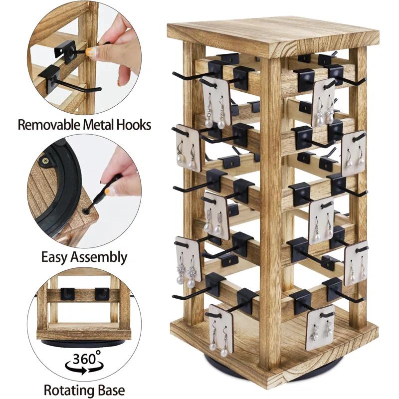 Latitude Run® Design Exquisite Rotating Jewelry Tower- Natural Wood Finish- Showcase And Organize Your Collection With 42 Hooks- Easy Earring Display Stand- 5 Bars On Each Face For Maximum Storage -Oak Color