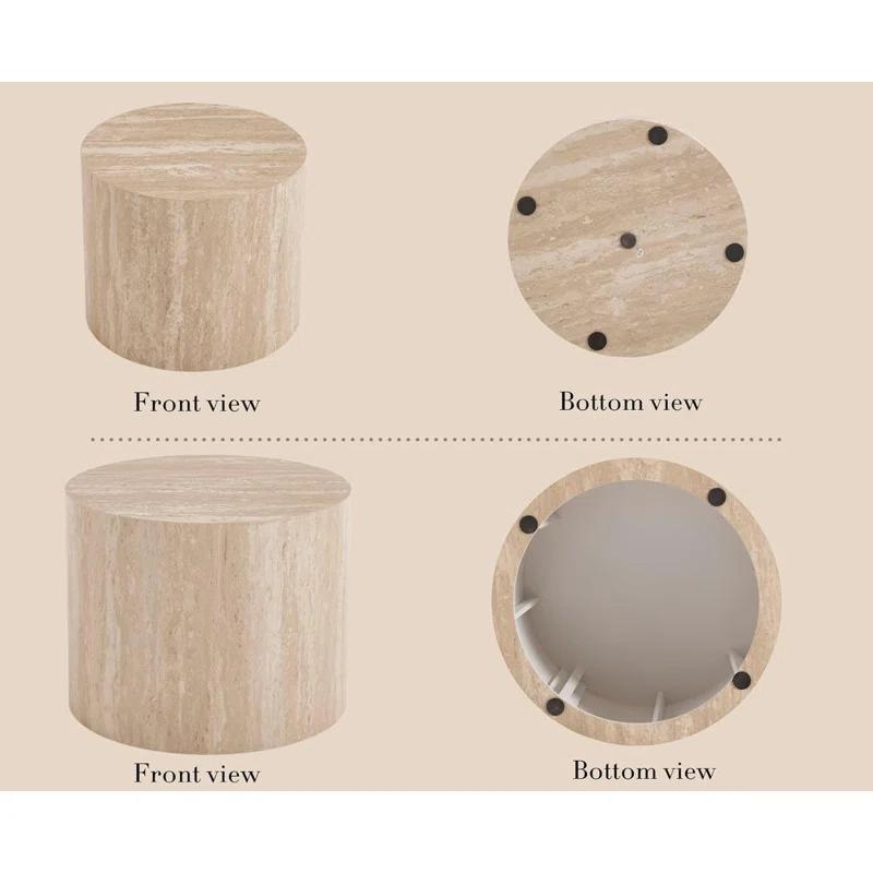 Latitude Run® Set of 2 Modern Round Wood Nesting Coffee Table Circle Travertine End Side Table Sets