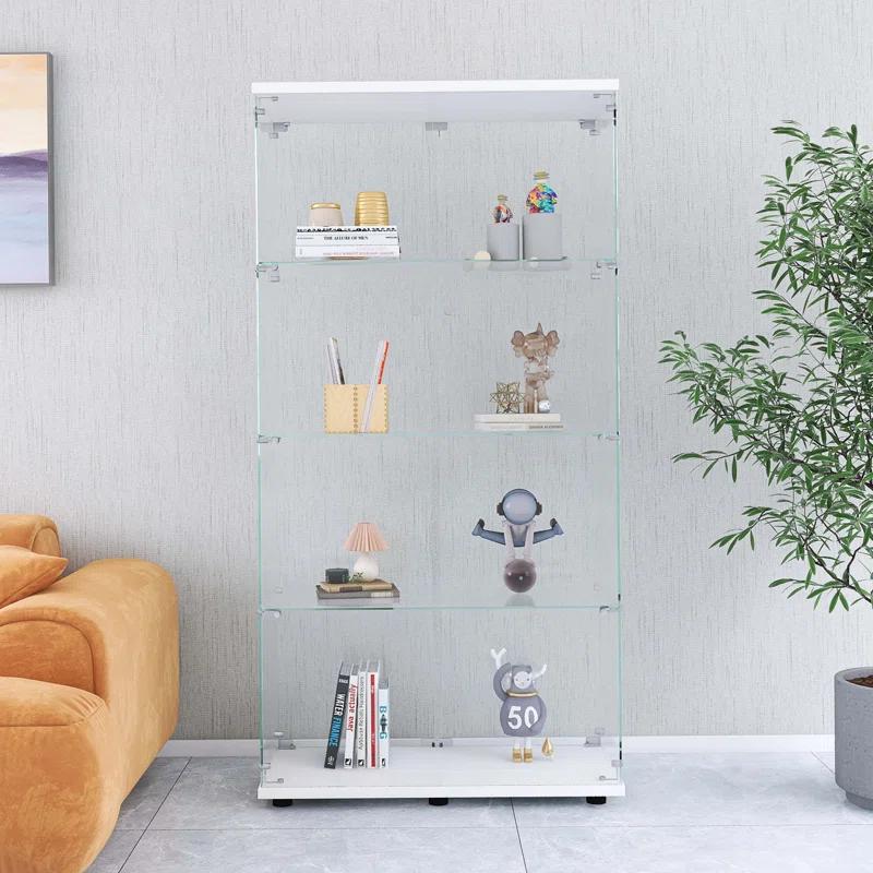 House On Tree Two-door Glass Display Cabinet 4 Shelves with Door, Floor Standing Curio Bookshelf