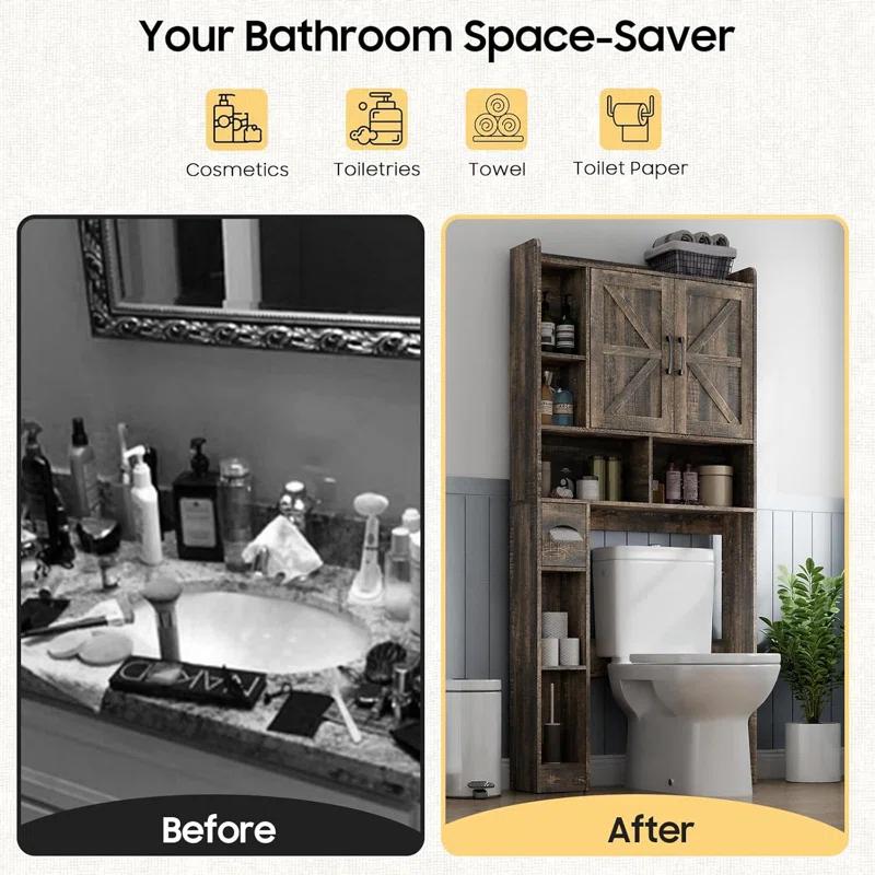 Over The Toilet Storage Cabinet, with 2 Barn Doors & Toilet Paper Holder Stand