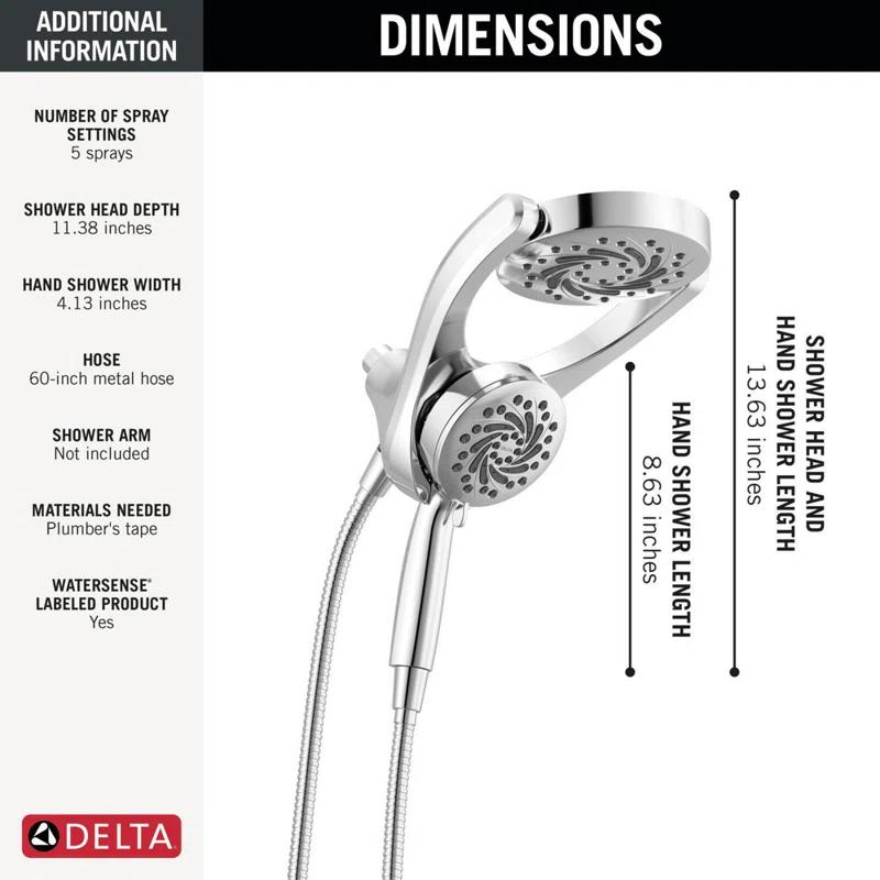 Delta 75419 5-Setting HydroRain 2-in-1 Dual Shower Head with ProClean Spray
