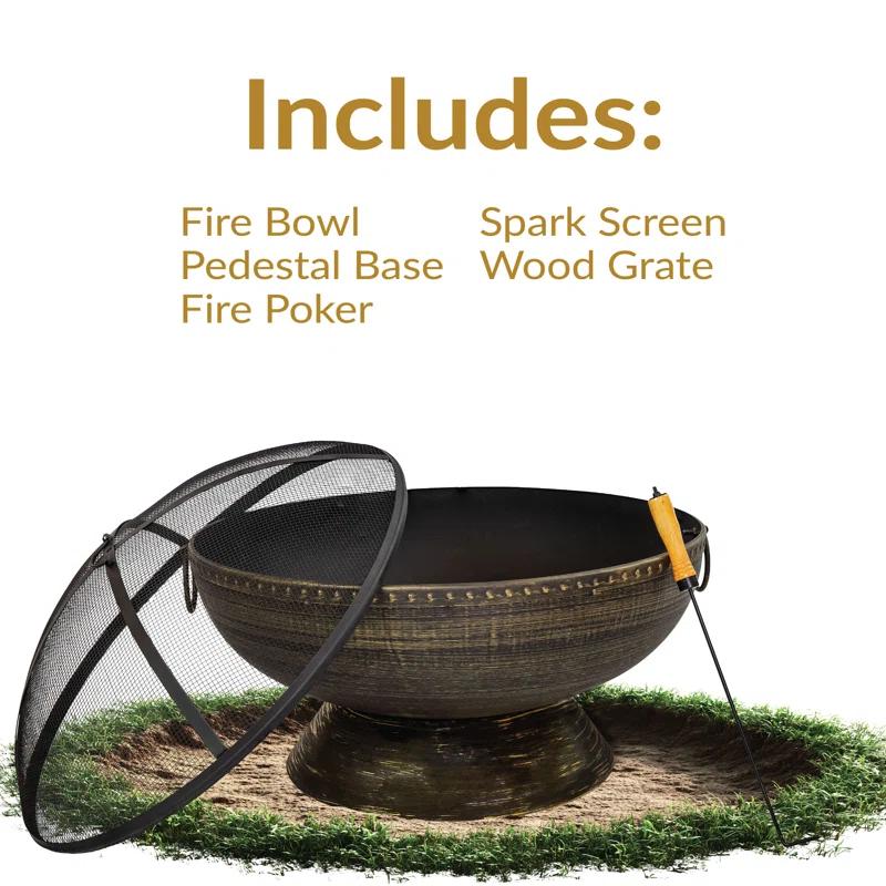 SunnyDaze Decor 30" Wood-Burning Black Finish Steel Fire Pit Bowl with Screen, Grate, and Poker