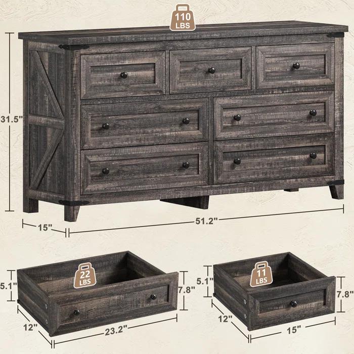 Gracie Oaks Wood Dresser For Bedroom With 7 Drawers, Farmhouse Chest Of Drawers