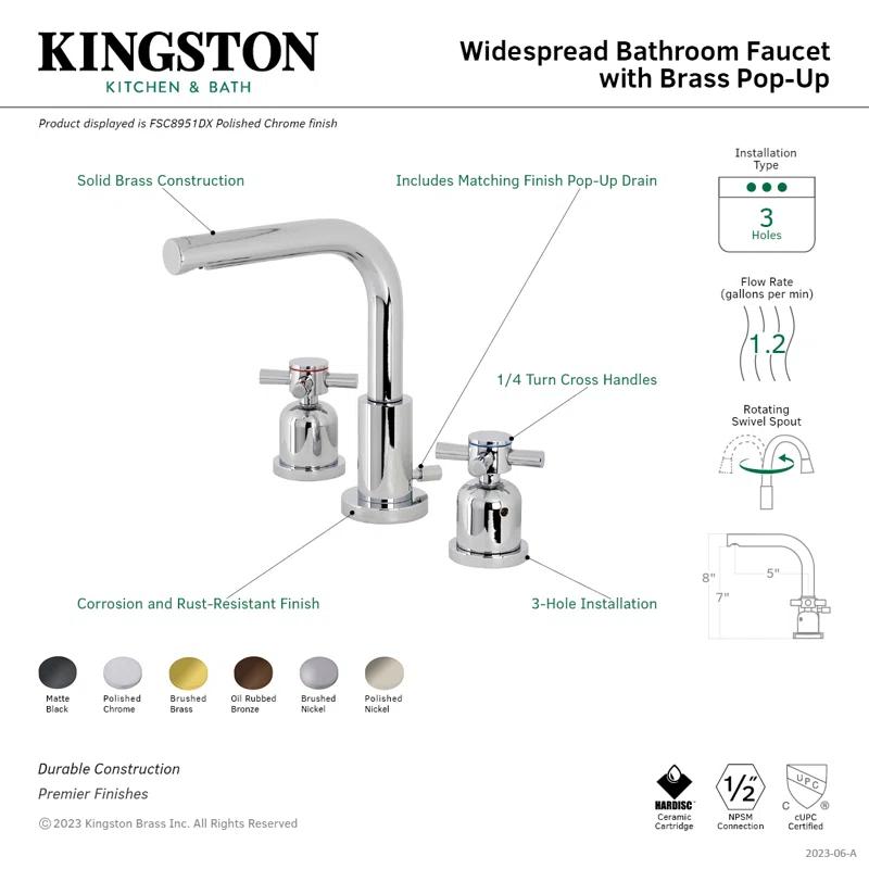 Kingston Brass Concord Two-Handle 3-Hole Deck Mount Widespread Bathroom Faucet with Brass Pop-Up Drain