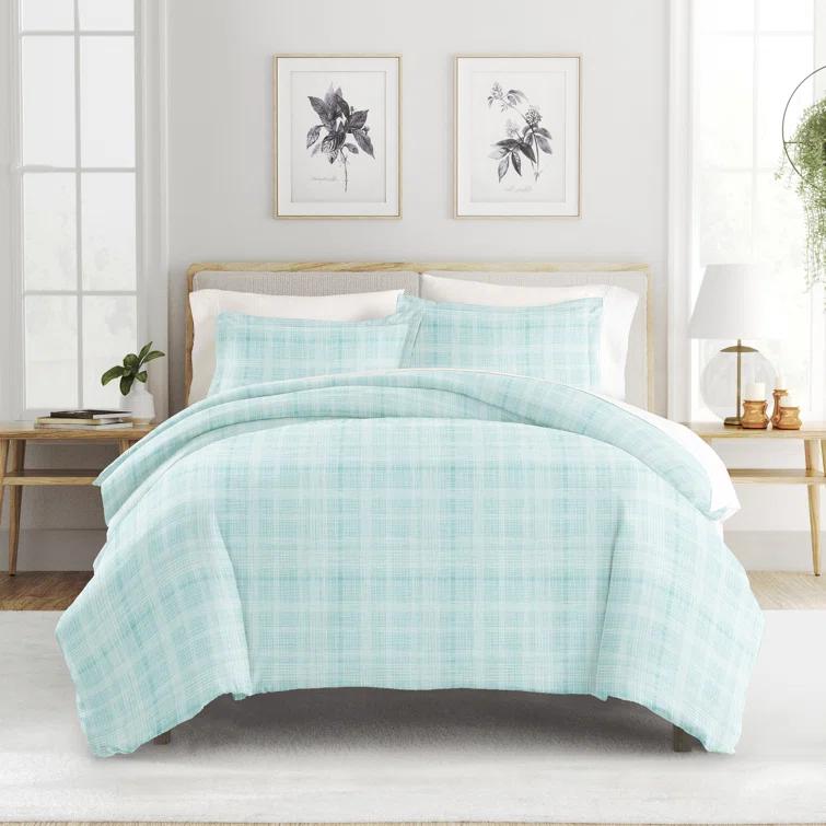 Aqua Plaid Microfiber Full/Queen Duvet Cover Set with Shams
