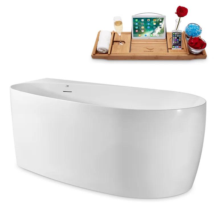 Streamline Bath 59" Streamline Freestanding Soaking Acrylic Bathtub With Drain and Bamboo Tray N2080BL