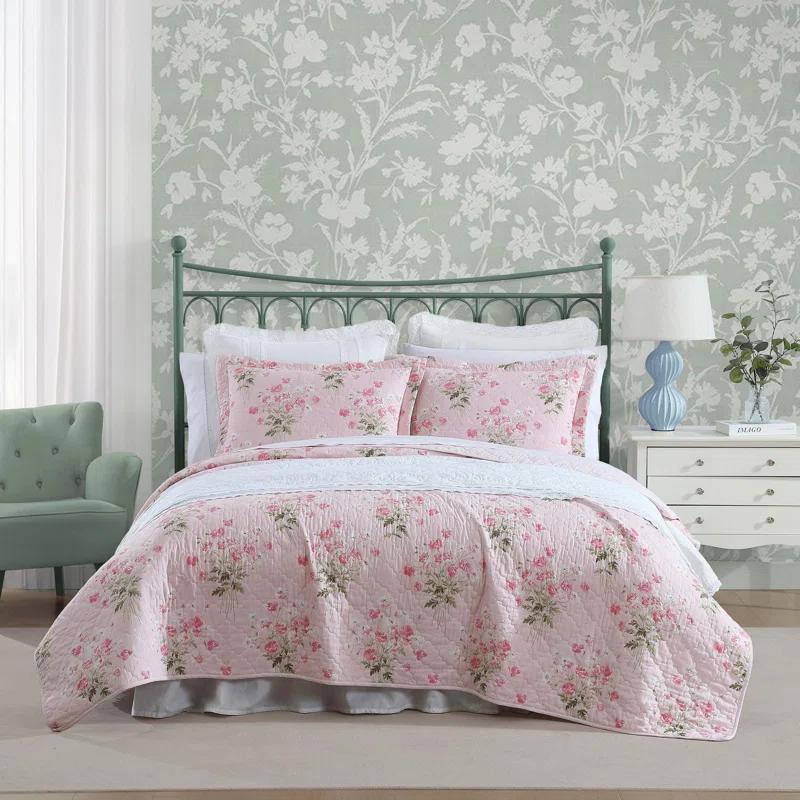 Laura Ashley Veronicas Bouquet Cotton Reversible Pink Quilt Set