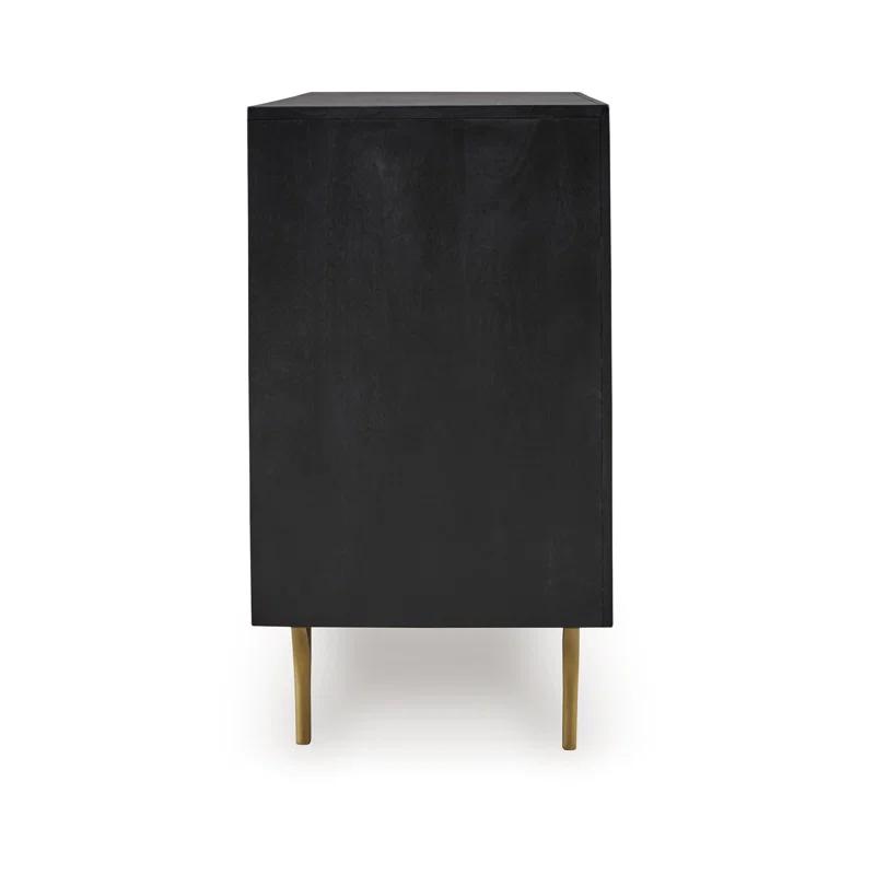 Benjara Yien Sideboard Console, 2 Carved Doors, Gold Legs, Black Wood 40 Inch